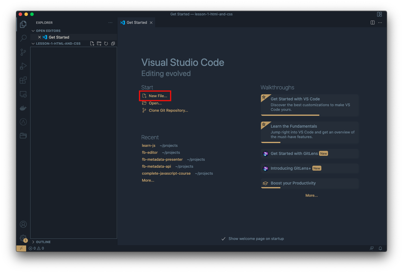 Screenshot showing how to add a file in VS Code. Click the New File link, then name your file.